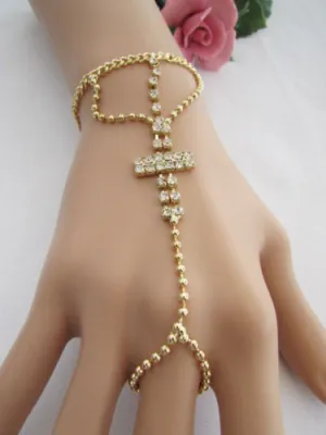 Delicate Silver Metal Rhinestone Cross Hand Chain