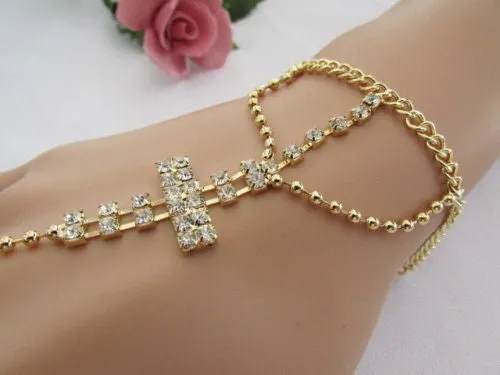 Delicate Silver Metal Rhinestone Cross Hand Chain