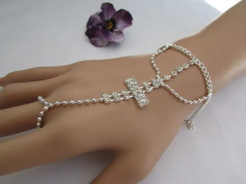 Delicate Silver Metal Rhinestone Cross Hand Chain