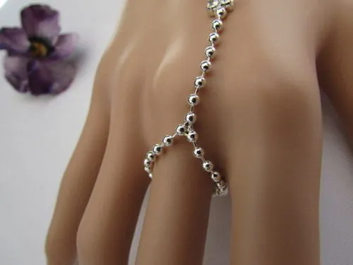 Delicate Silver Metal Rhinestone Cross Hand Chain