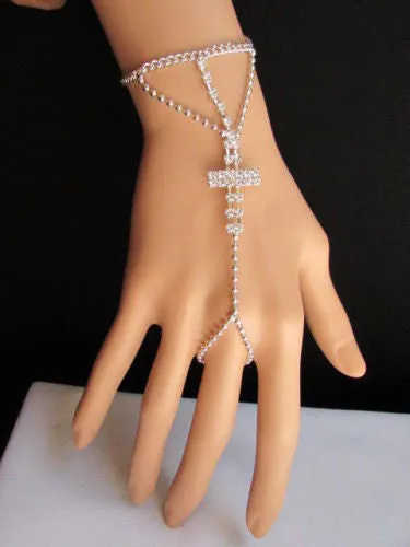 Delicate Silver Metal Rhinestone Cross Hand Chain