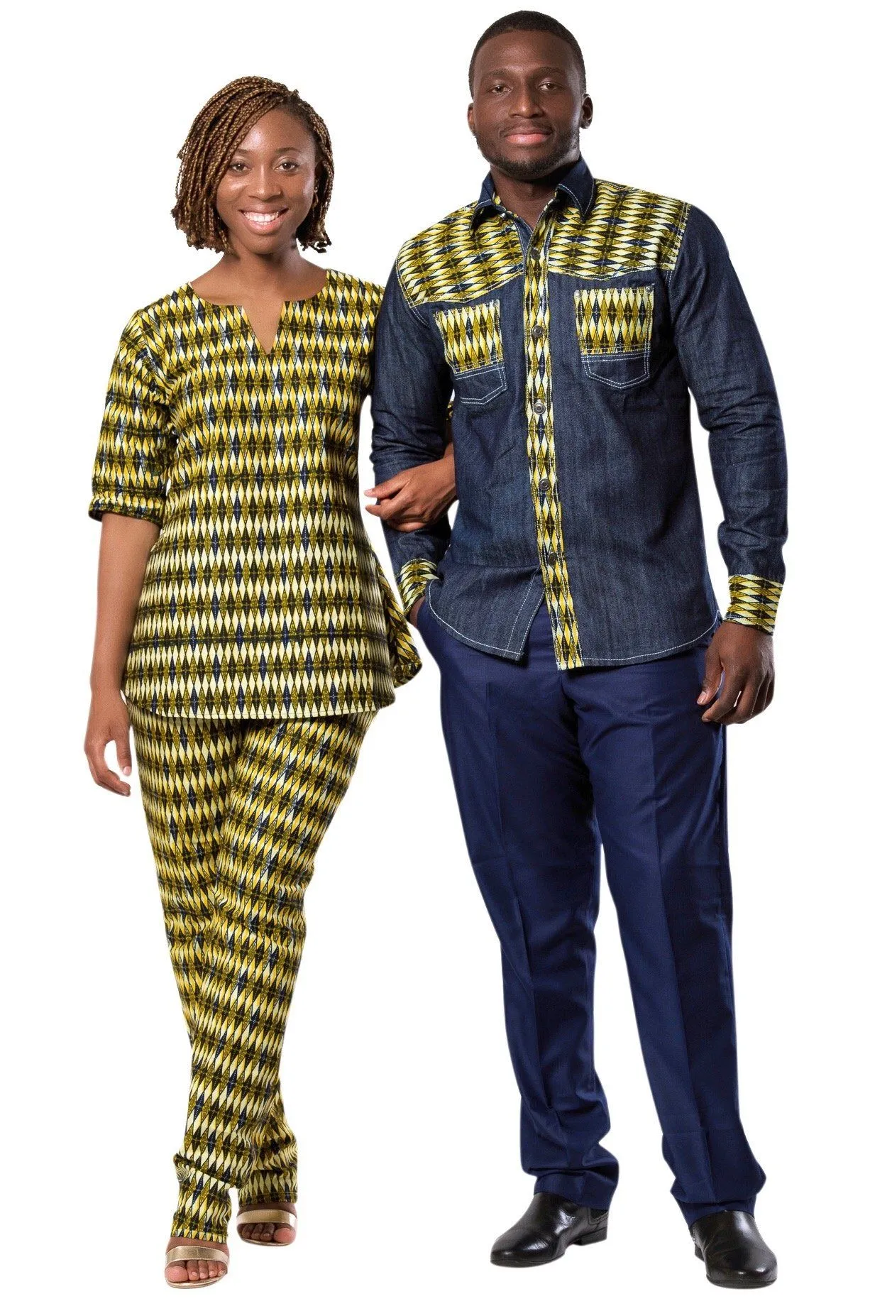 Desta African Print Denim Jeans Long Sleeve Men's Shirt (Yellow)