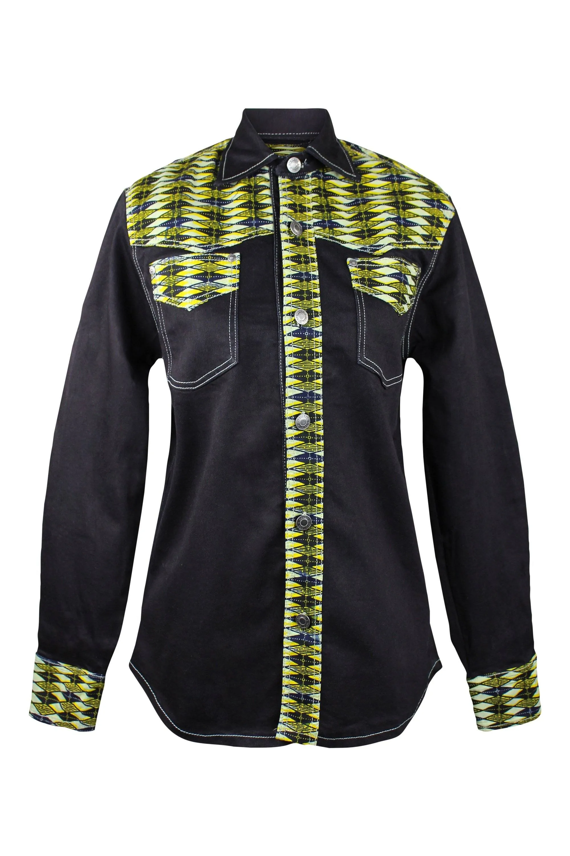 Desta African Print Denim Jeans Long Sleeve Men's Shirt (Yellow)