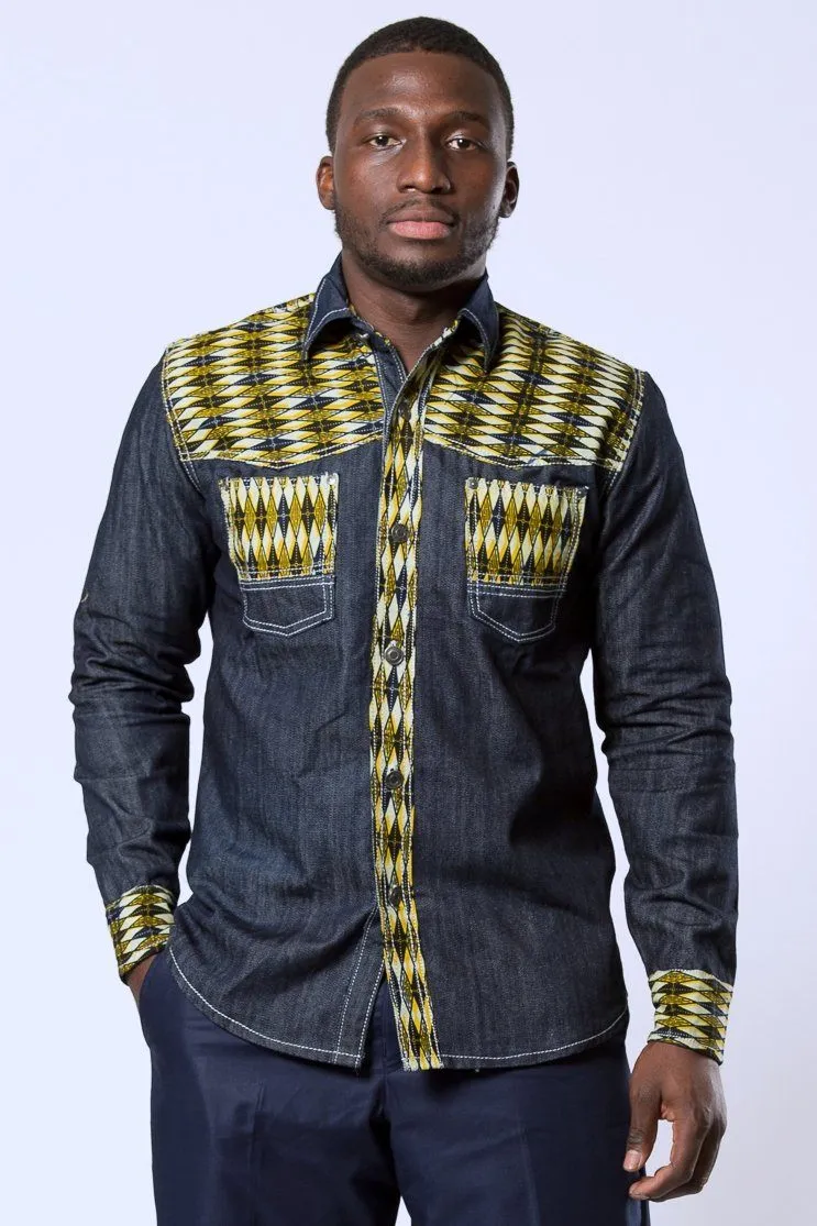 Desta African Print Denim Jeans Long Sleeve Men's Shirt (Yellow)