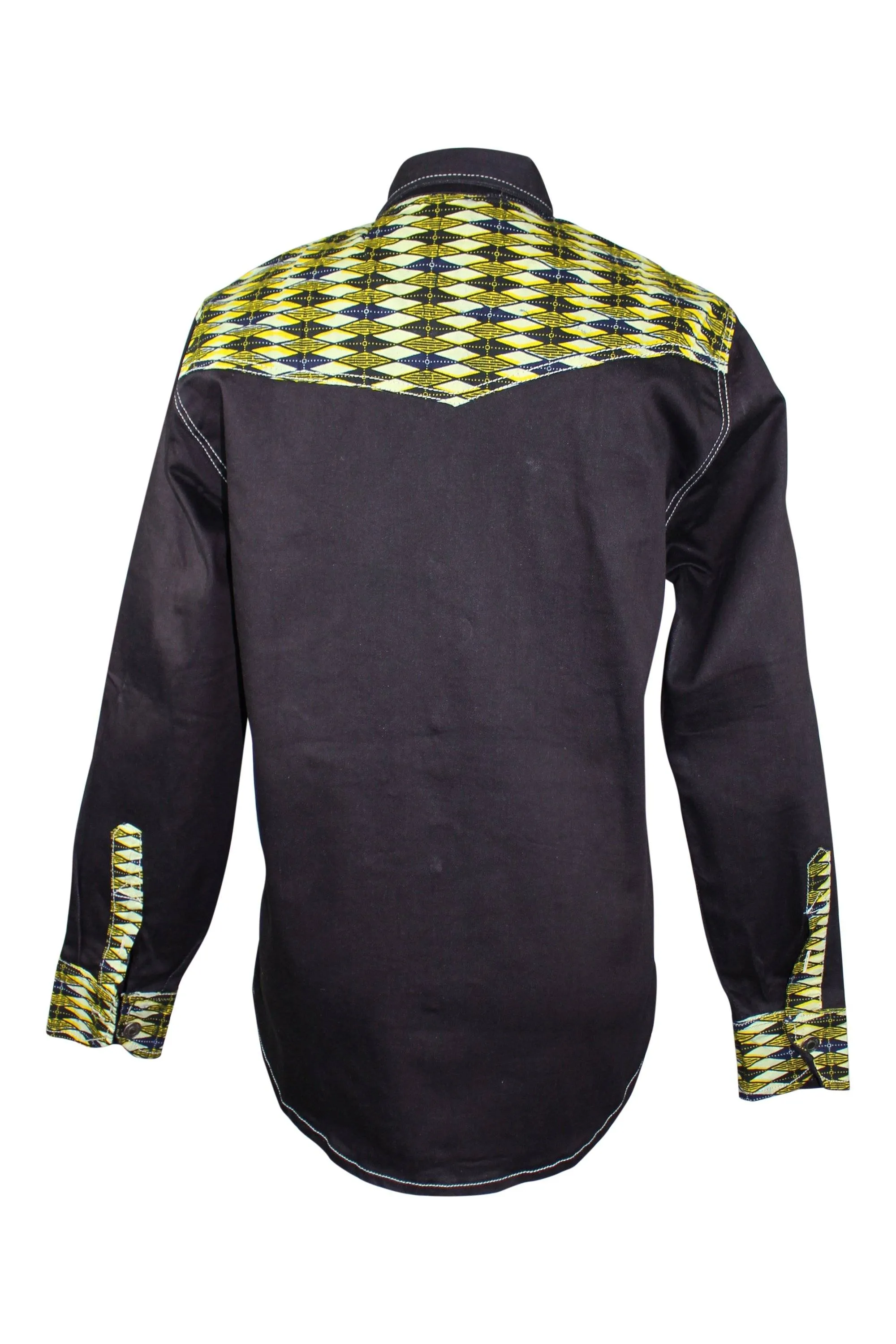 Desta African Print Denim Jeans Long Sleeve Men's Shirt (Yellow)