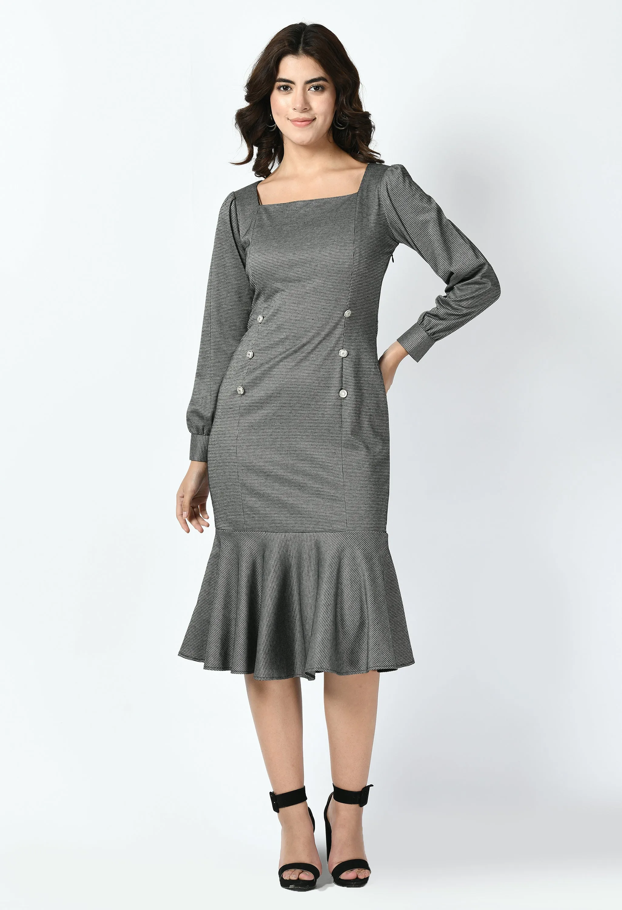 Exude Peak Checked Fishtail Midi Dress (Charcoal Black)