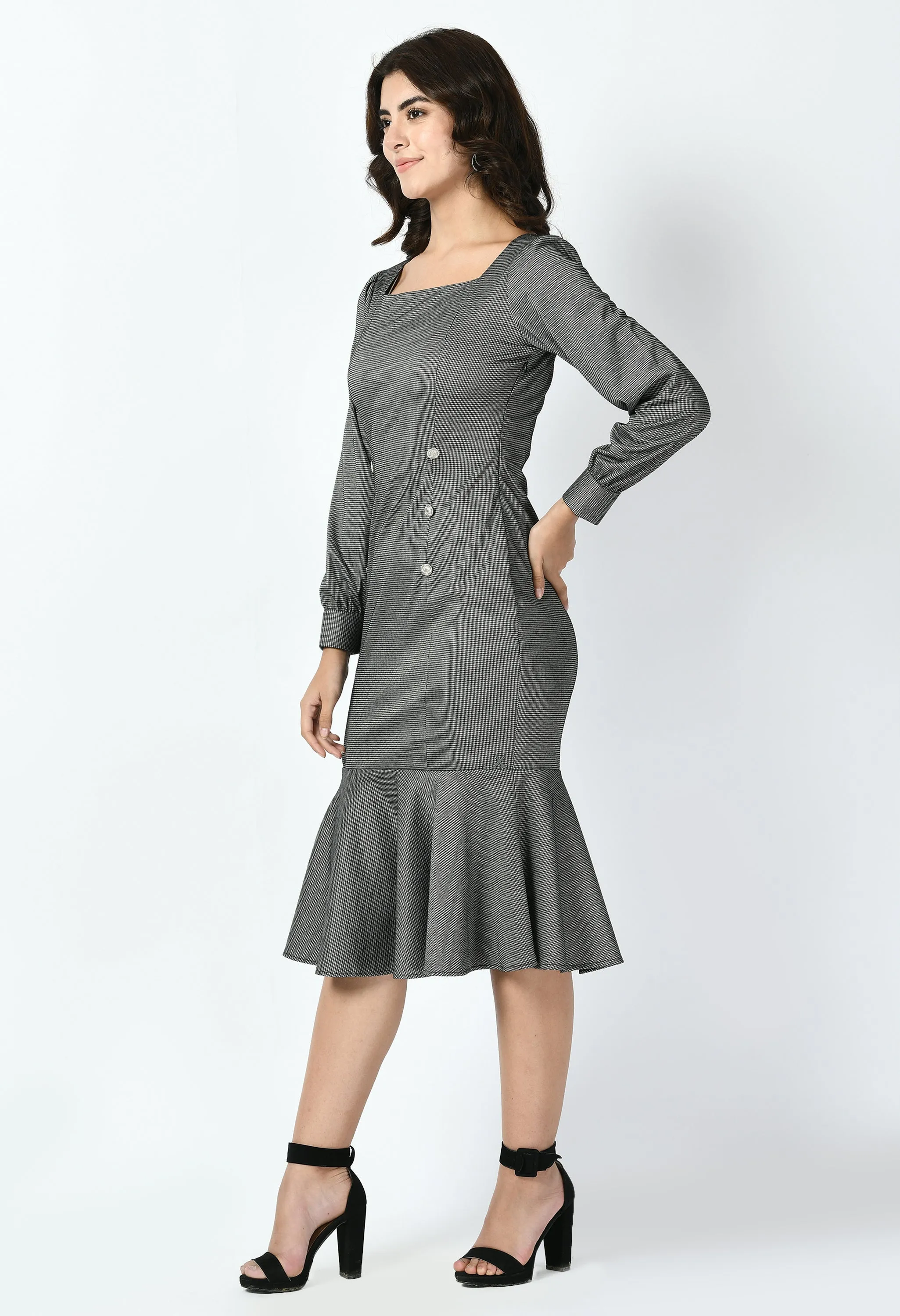 Exude Peak Checked Fishtail Midi Dress (Charcoal Black)