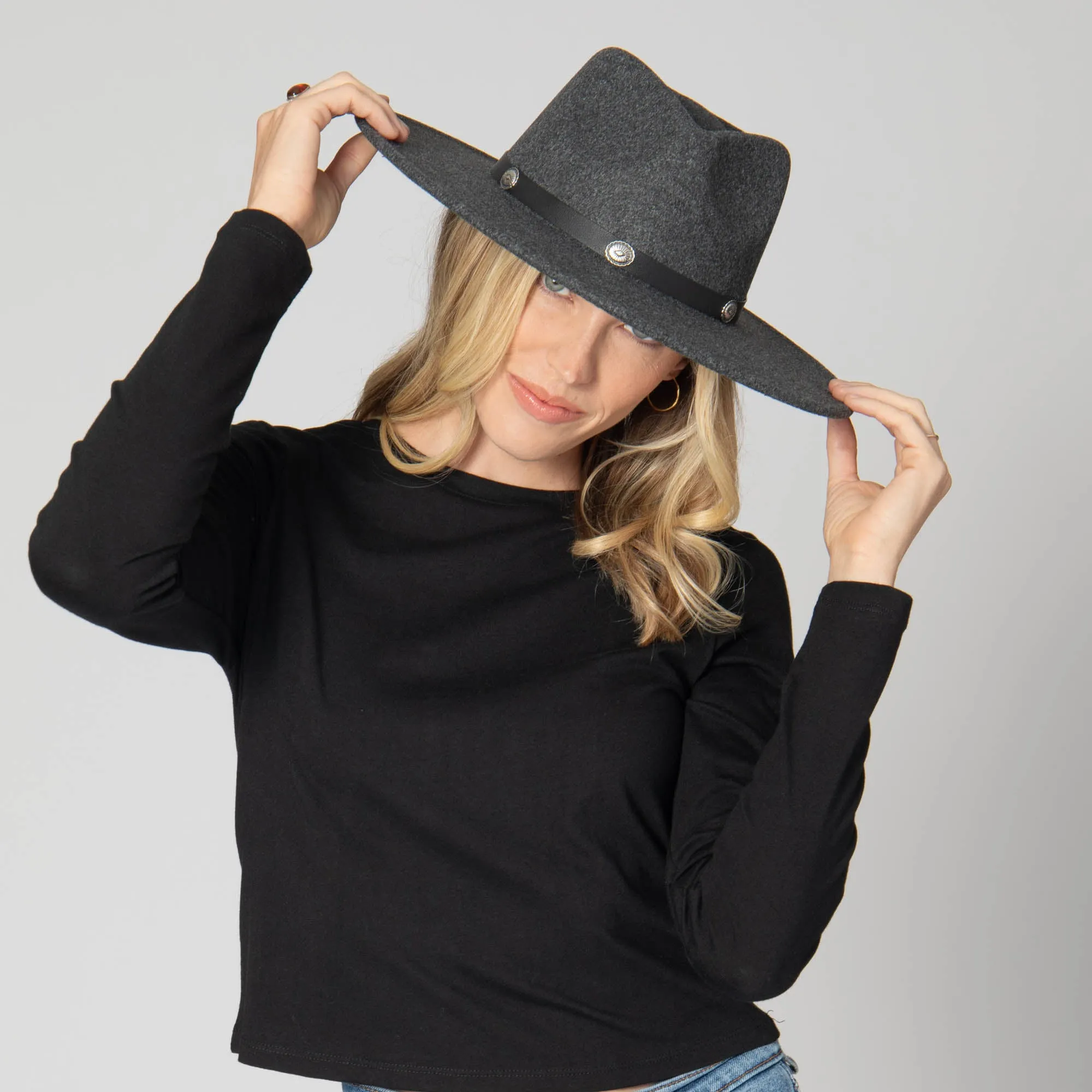 Faux Felt Fedora with Silver Concho Band