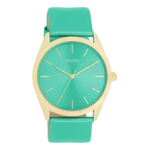 Gold coloured OOZOO watch with aqua green leather strap - C11339