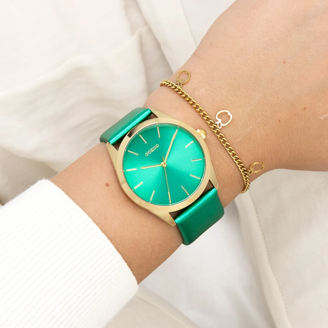 Gold coloured OOZOO watch with aqua green leather strap - C11339