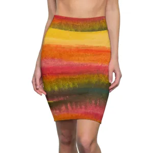 High Waist Womens Pencil Skirt - Contour Stretch - Autumn Fall Watercolor Abstract Print