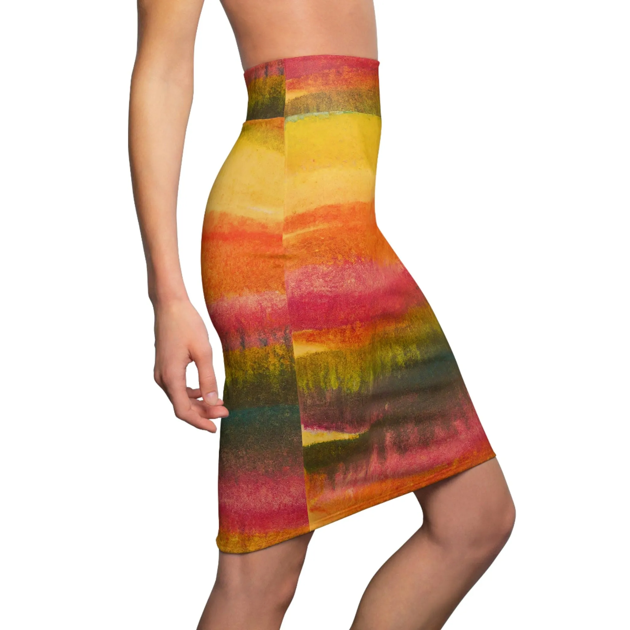 High Waist Womens Pencil Skirt - Contour Stretch - Autumn Fall Watercolor Abstract Print