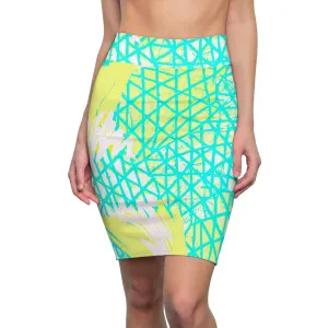 High Waist Womens Pencil Skirt - Contour Stretch - Cyan Blue Lime Green and White Pattern