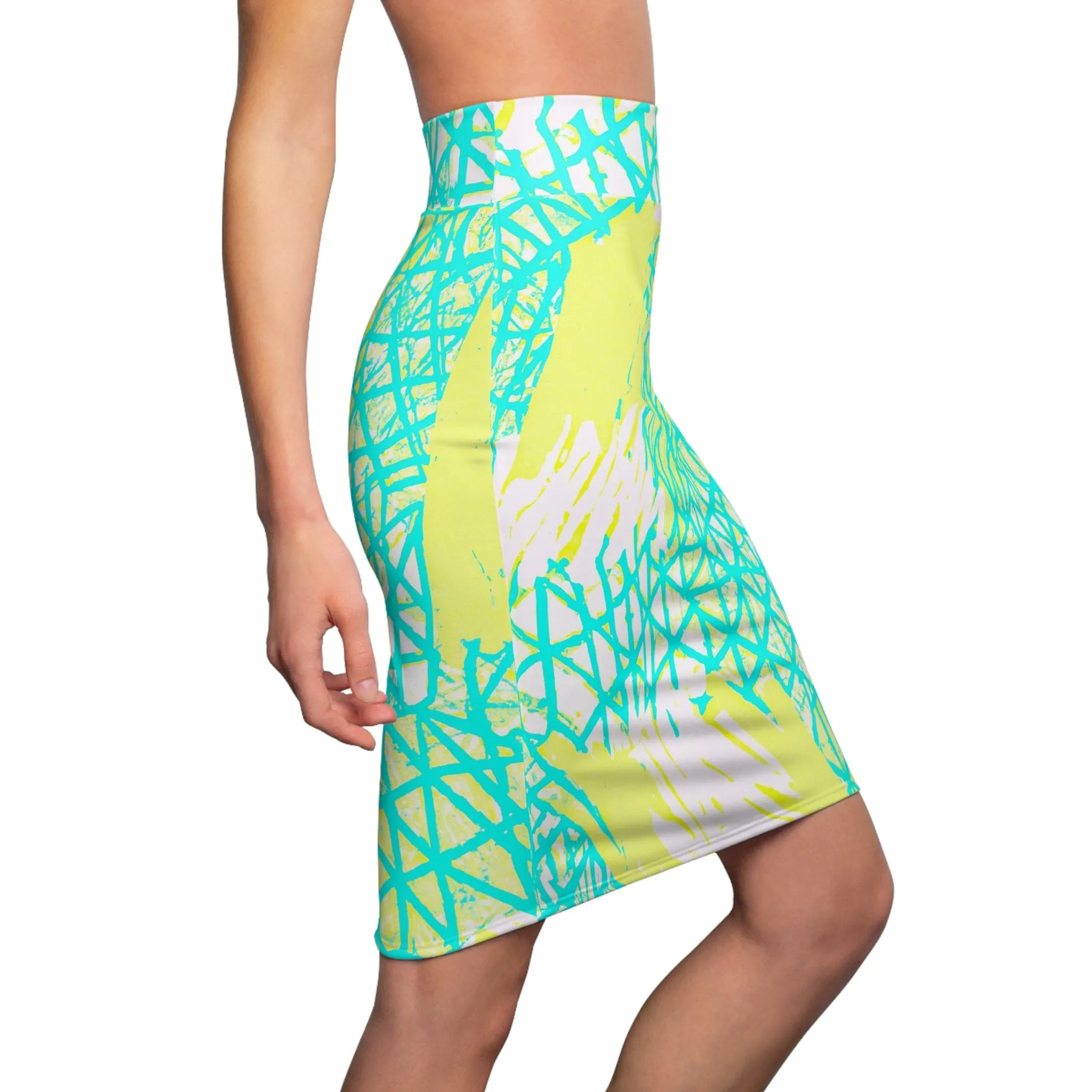 High Waist Womens Pencil Skirt - Contour Stretch - Cyan Blue Lime Green and White Pattern