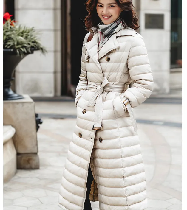 Hooded Puffer Coat Waist Belt Casual Long Winter Women Down Jacket 65002