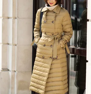 Hooded Puffer Coat Waist Belt Casual Long Winter Women Down Jacket 65002