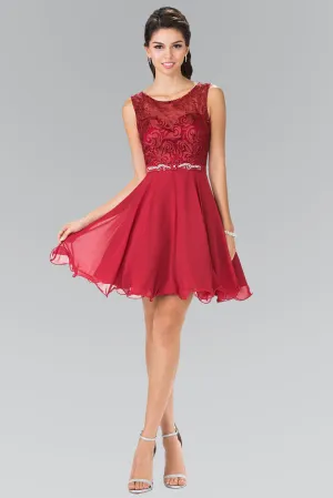 Lace Bodice A-Line Short Dress w/ Jeweled Waist Band