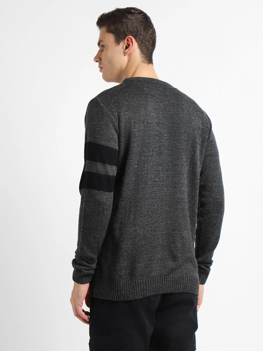 Men's Grey Striped Round neck pullover sweater