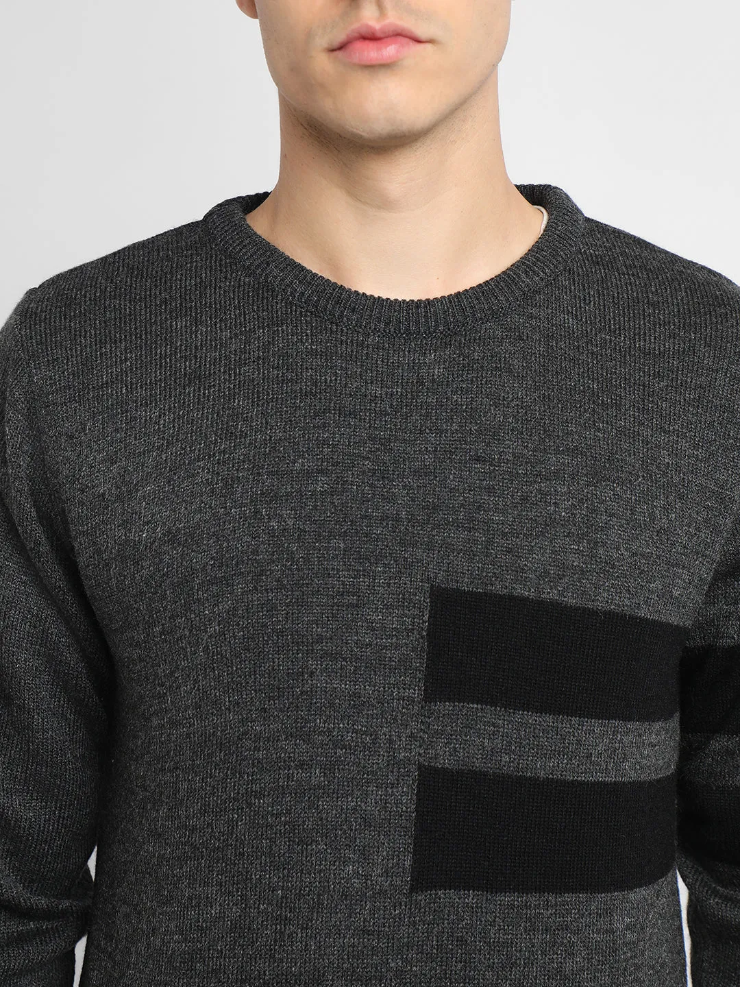 Men's Grey Striped Round neck pullover sweater