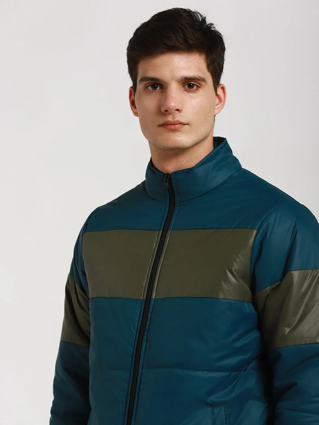 Men's High Neck Regular Fit Panelled Turqouise Green Jackets