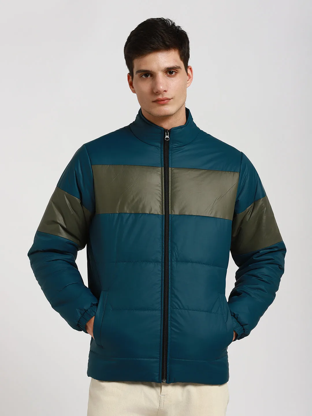 Men's High Neck Regular Fit Panelled Turqouise Green Jackets