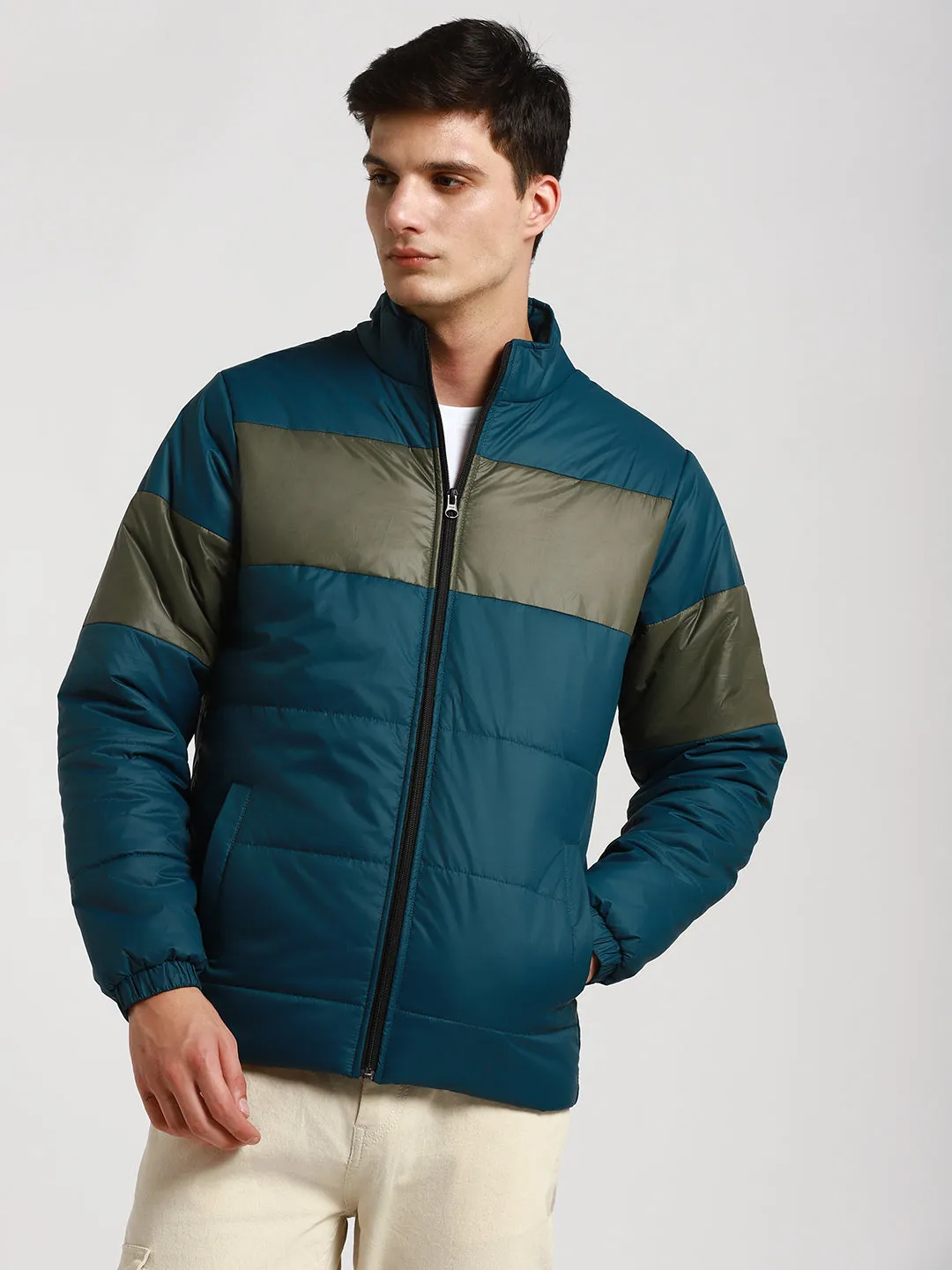 Men's High Neck Regular Fit Panelled Turqouise Green Jackets