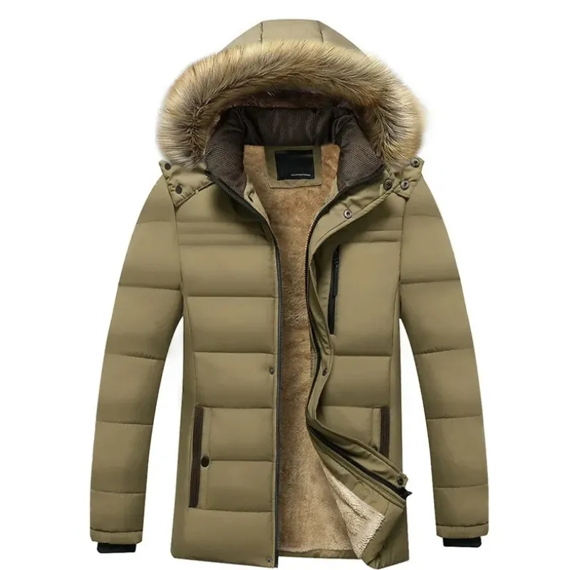 Men's lined parka jacket with hood and faux fur trim