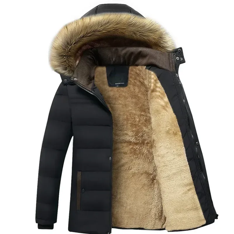 Men's lined parka jacket with hood and faux fur trim