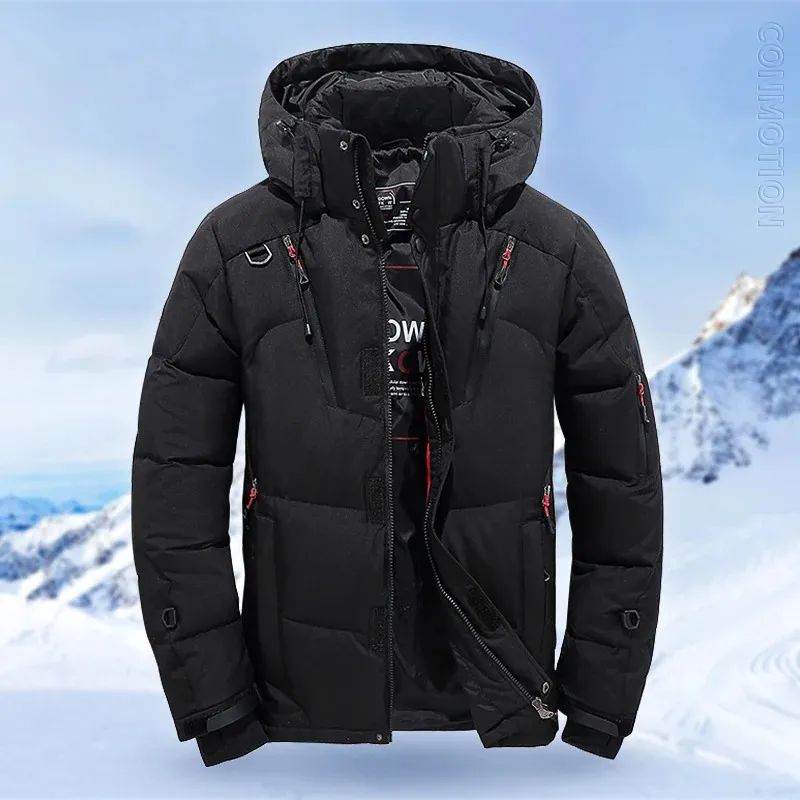 Men's puffer jacket with hood and many pockets