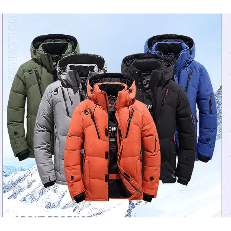 Men's puffer jacket with hood and many pockets