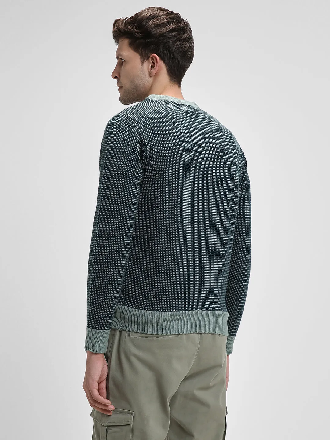 Men's Teal Green Textured Round neck Pullover Sweater