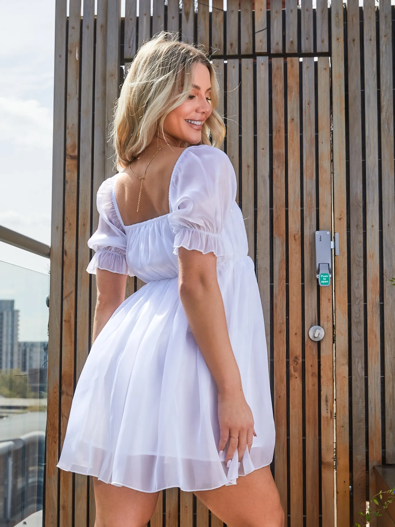 Organza Puff Sleeve Babydoll Dress in White