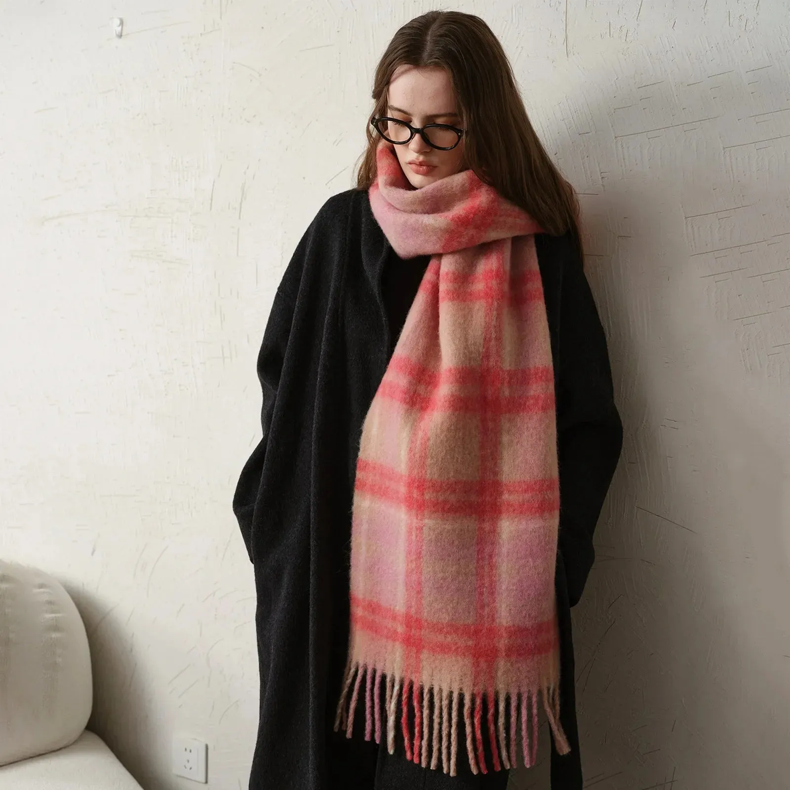 Pink Plaid Wool Scarf for Women - Elegant Winter Accessory