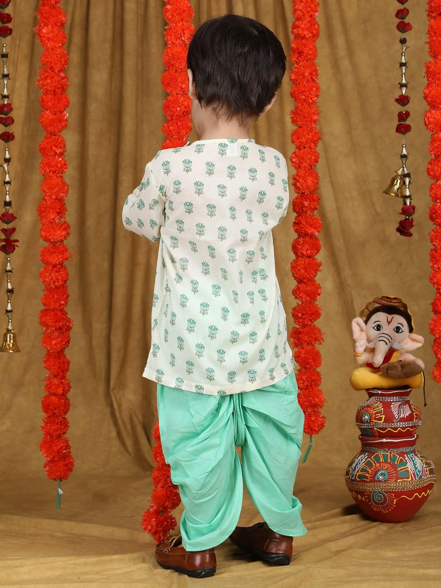 Polka Tots Full Sleeve Floral print Angrakha Top With Dhoti - Aqua