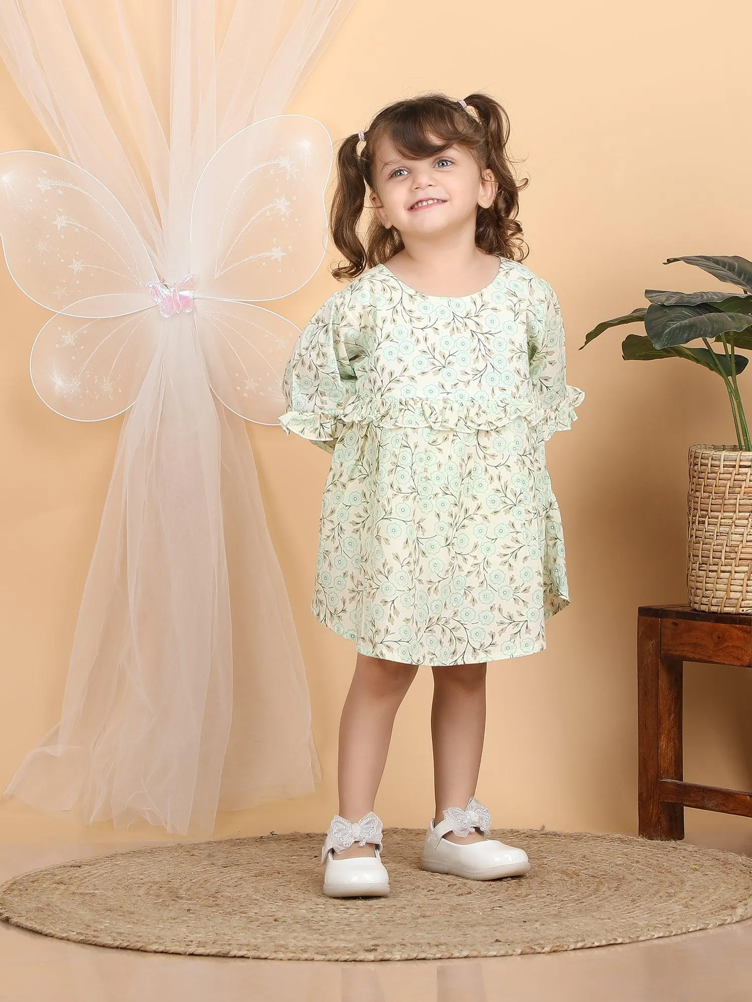 Polka Tots Full sleeves Floral print frock with headband - Aqua