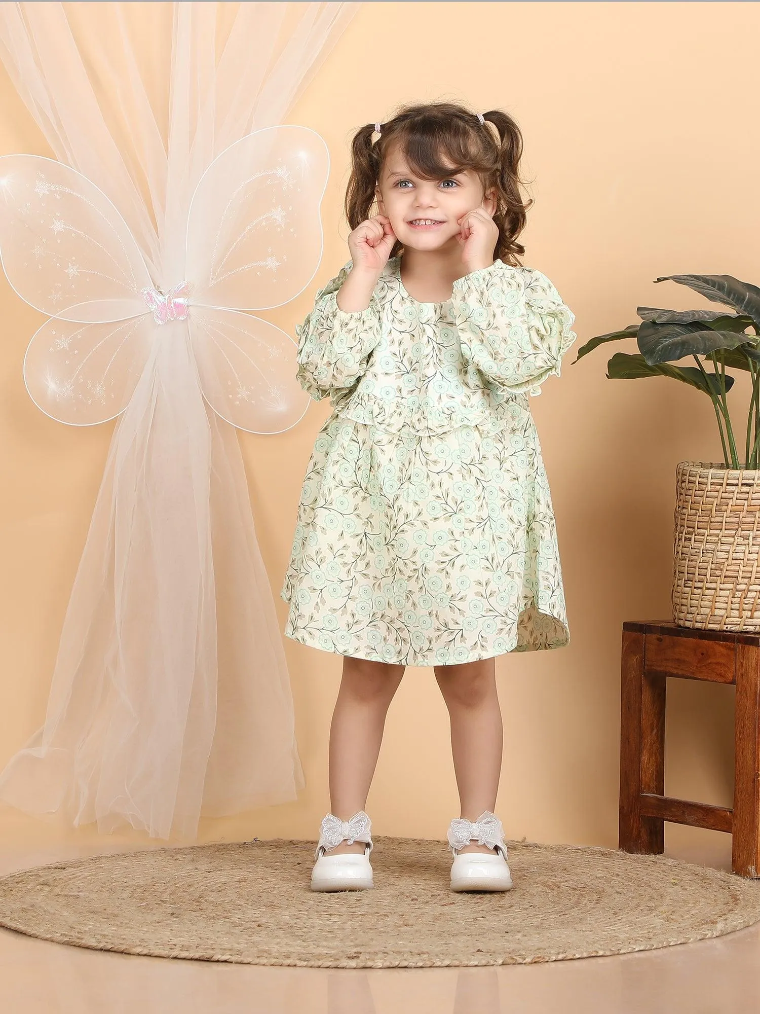 Polka Tots Full sleeves Floral print frock with headband - Aqua