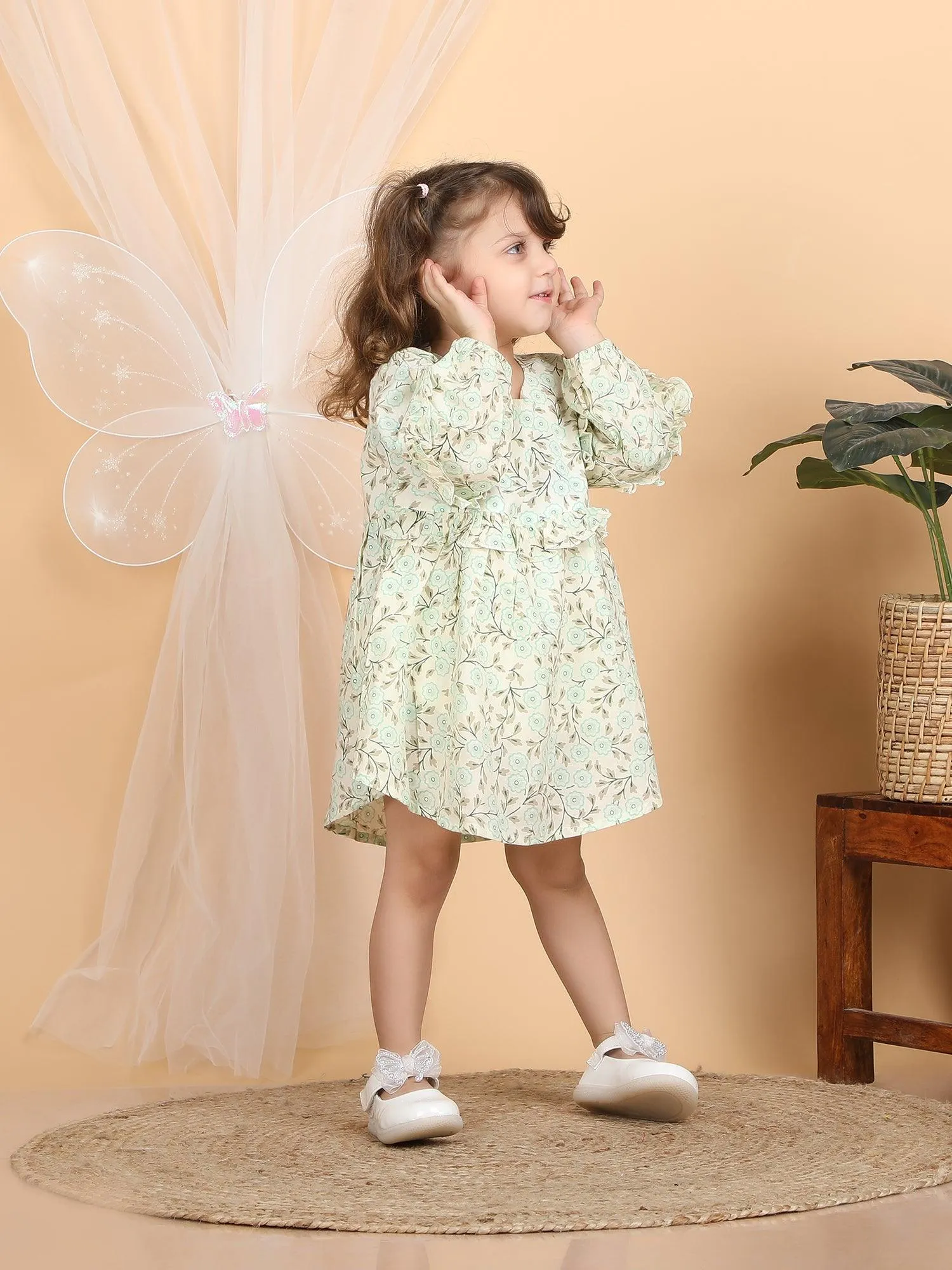 Polka Tots Full sleeves Floral print frock with headband - Aqua