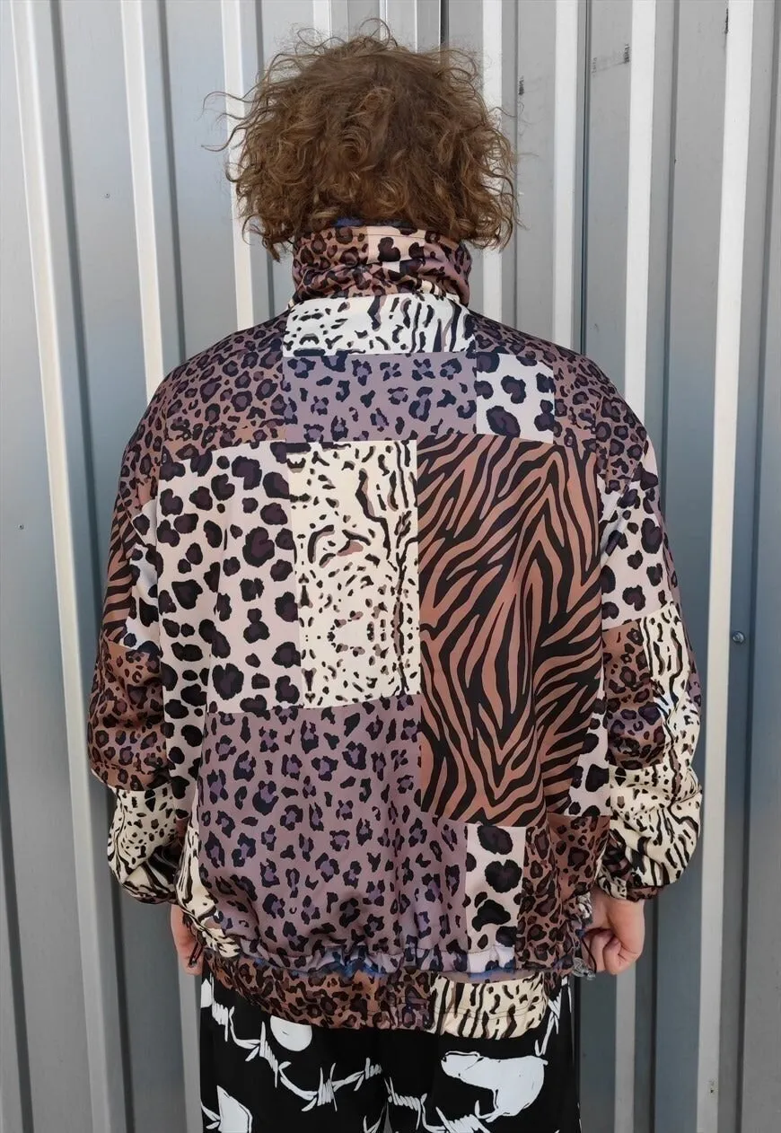 Reversible leopard fleece jacket blue handmade animal coat