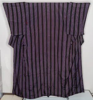 Shiny Striped 1960s Vintage Silk Kimono - Purple Black White Lines - Super Smooth Retro Style