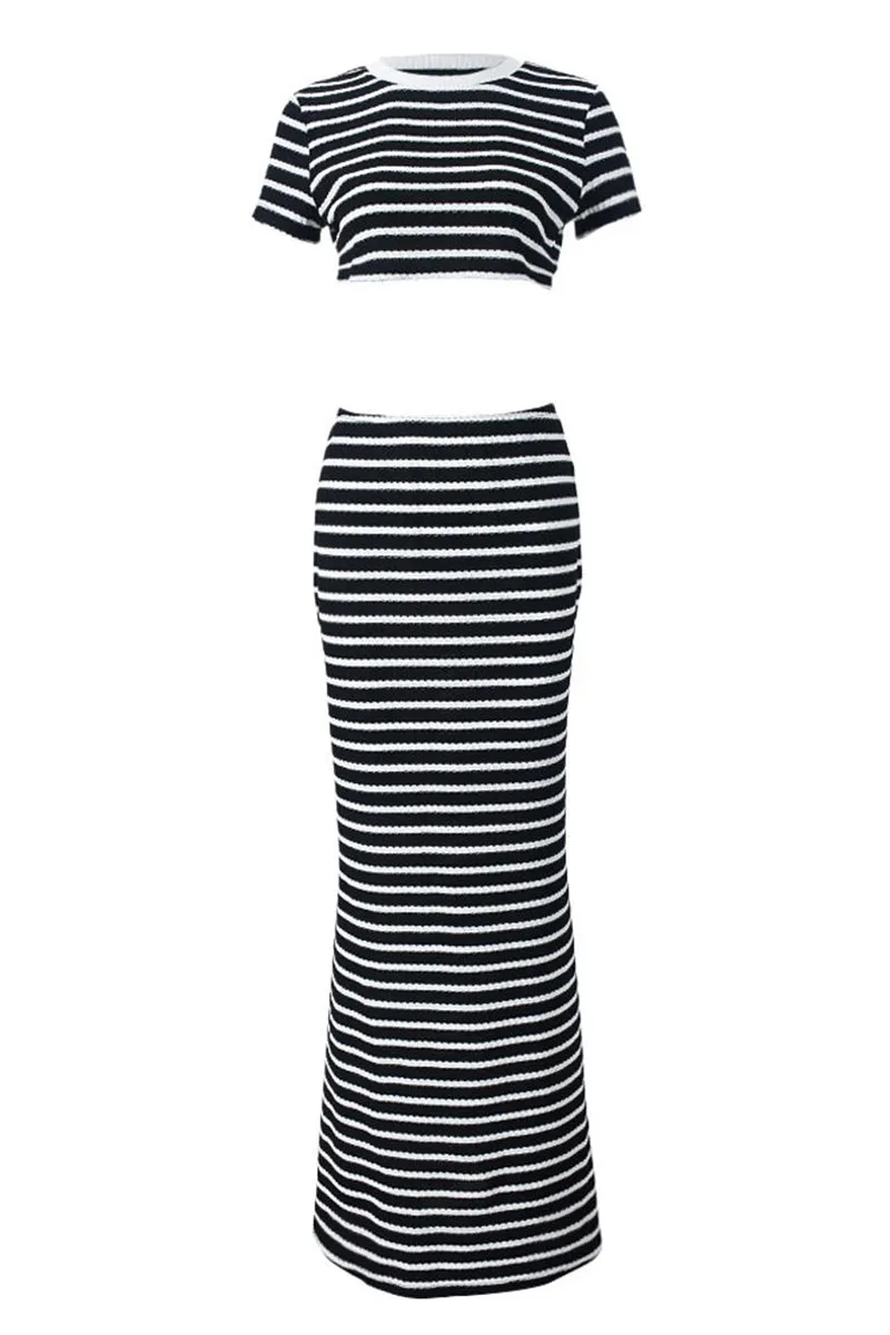 Striped Round Neck Short Sleeve Bodycon Skirt Set