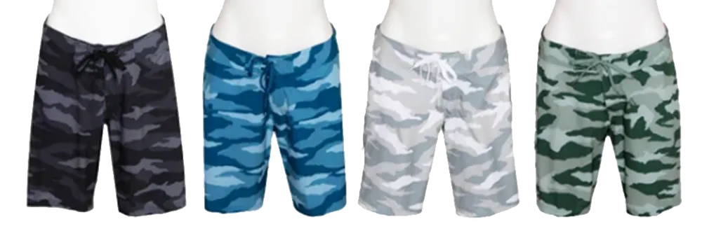 Swimwear Ladies Apparel & Swimwear, Ladies Camo Long Board Shorts, Charcoal, Blue, Grey, Green