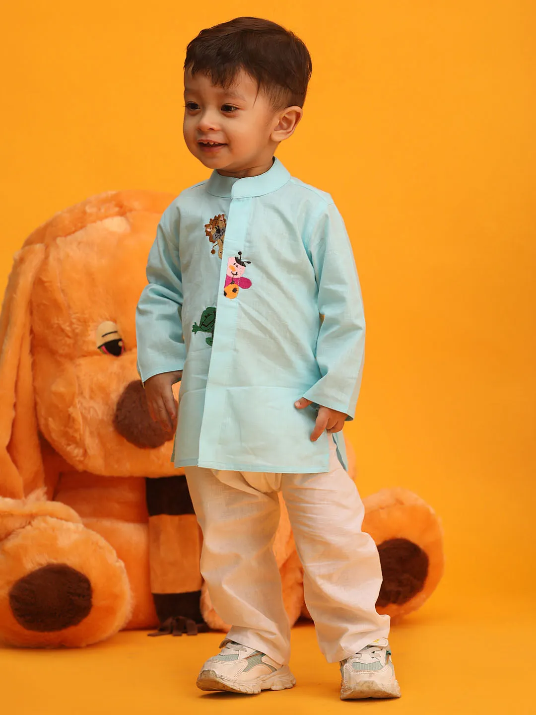 VASTRAMAY Boy's Aqua Blue and White Cotton Kurta Pyjama Set