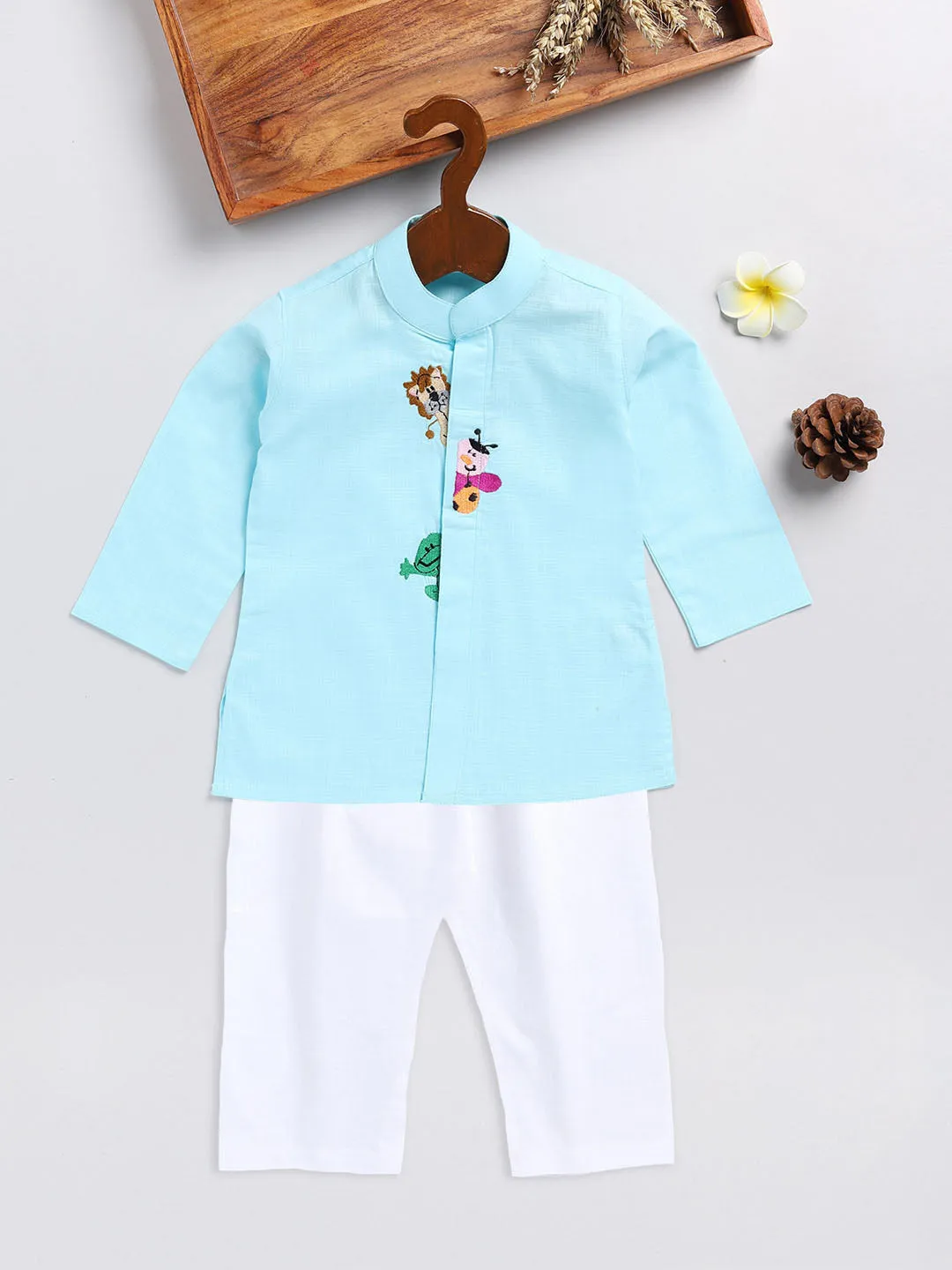 VASTRAMAY Boy's Aqua Blue and White Cotton Kurta Pyjama Set