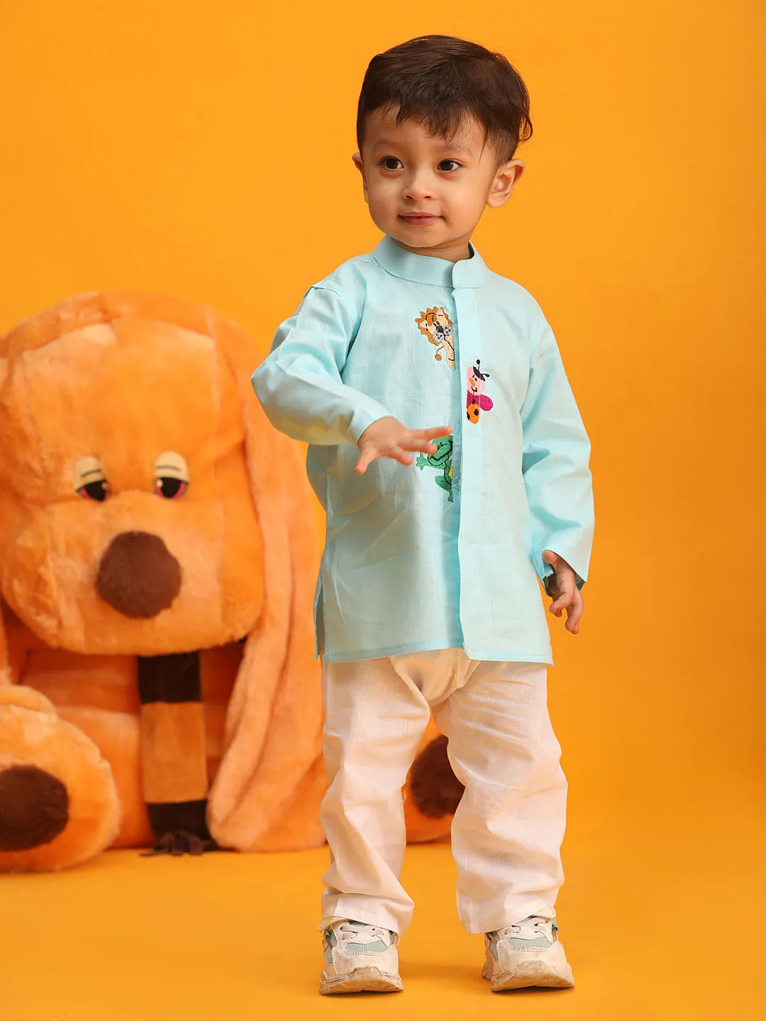 VASTRAMAY Boy's Aqua Blue and White Cotton Kurta Pyjama Set