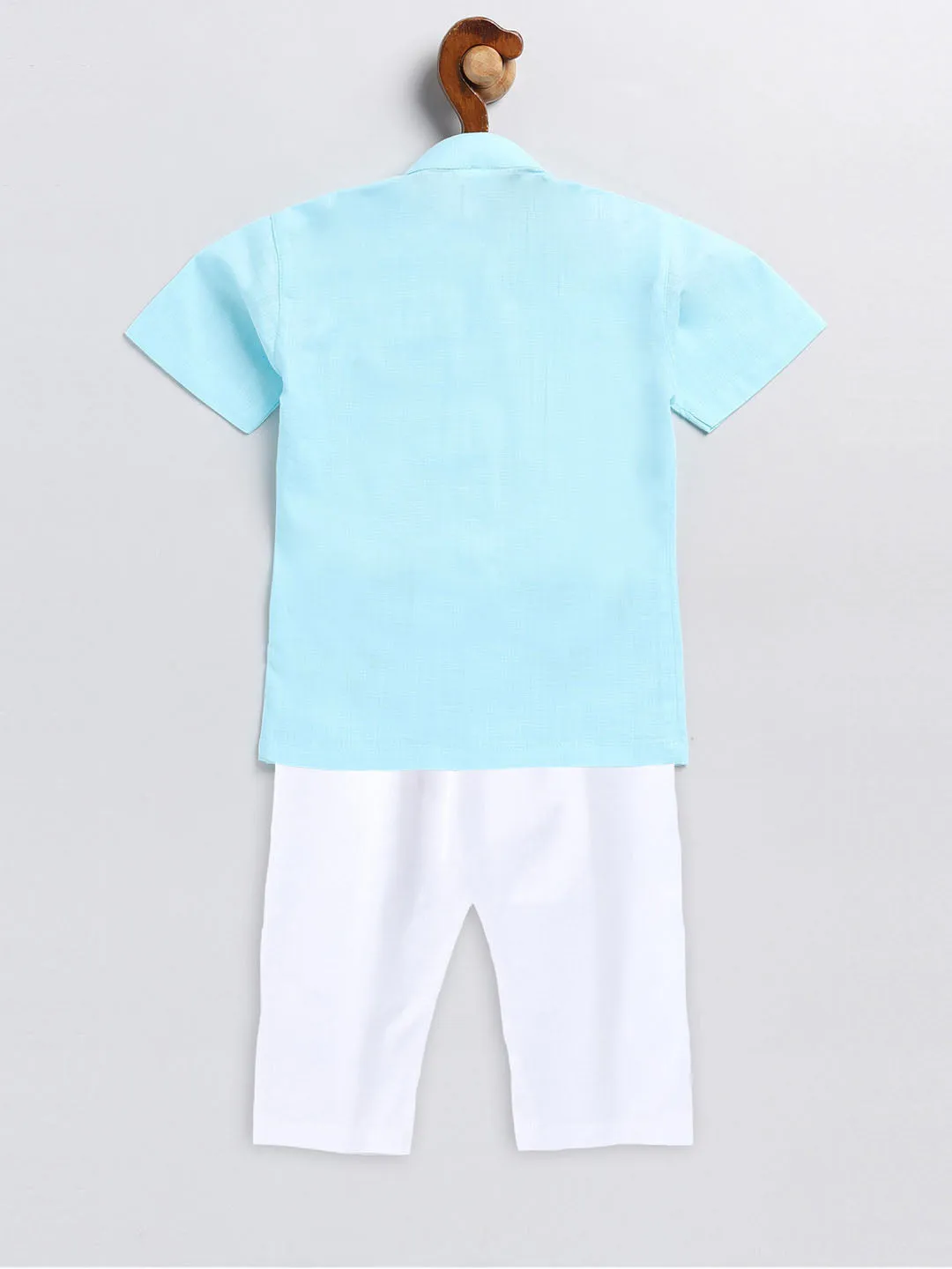 VASTRAMAY Boy's Aqua Blue and White Embroidered Cotton Kurta Pyjama Set