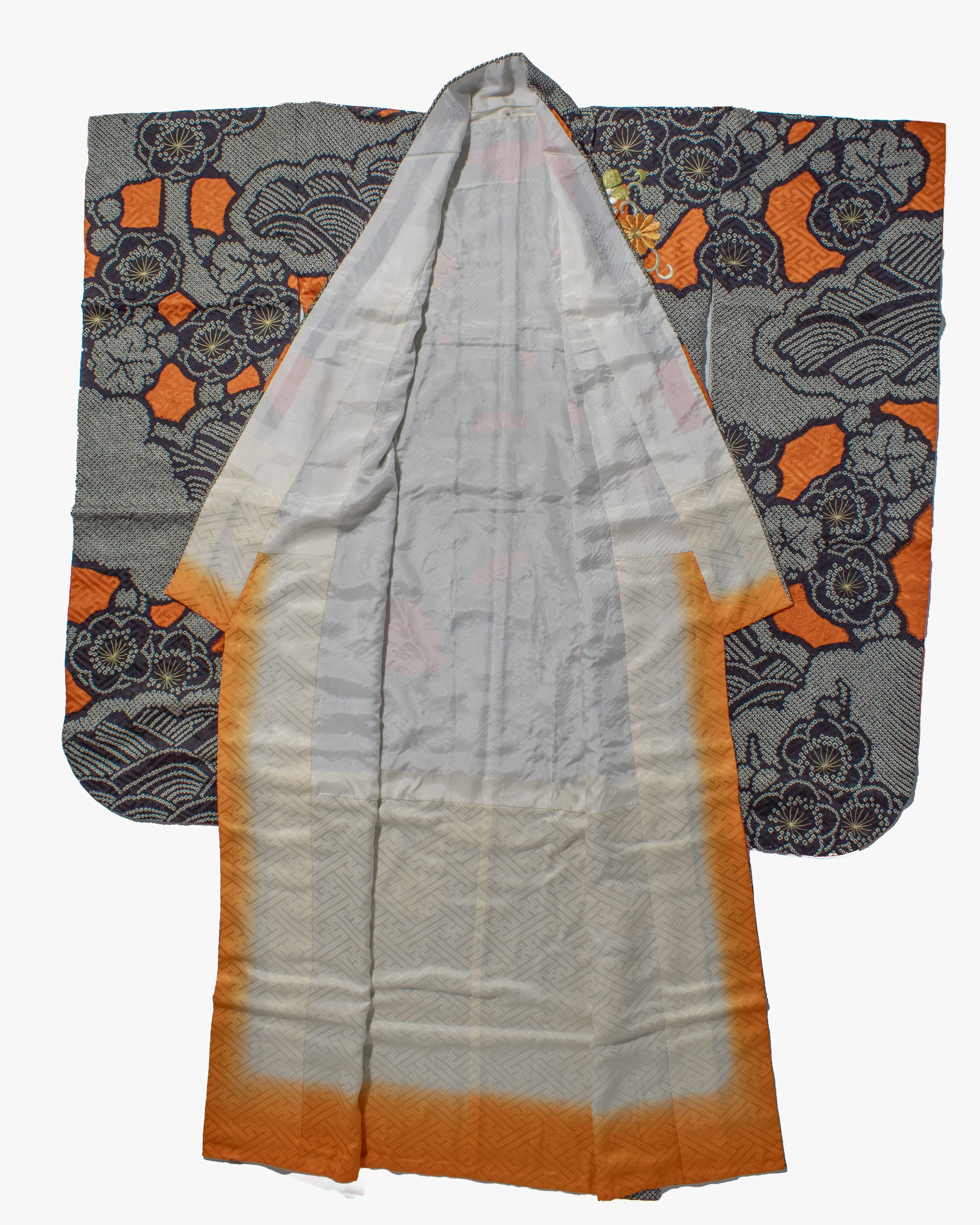 Vintage Furisode Jacket, Full Shibori, Black with White, Orange & White Flowers with Gold Embroidery