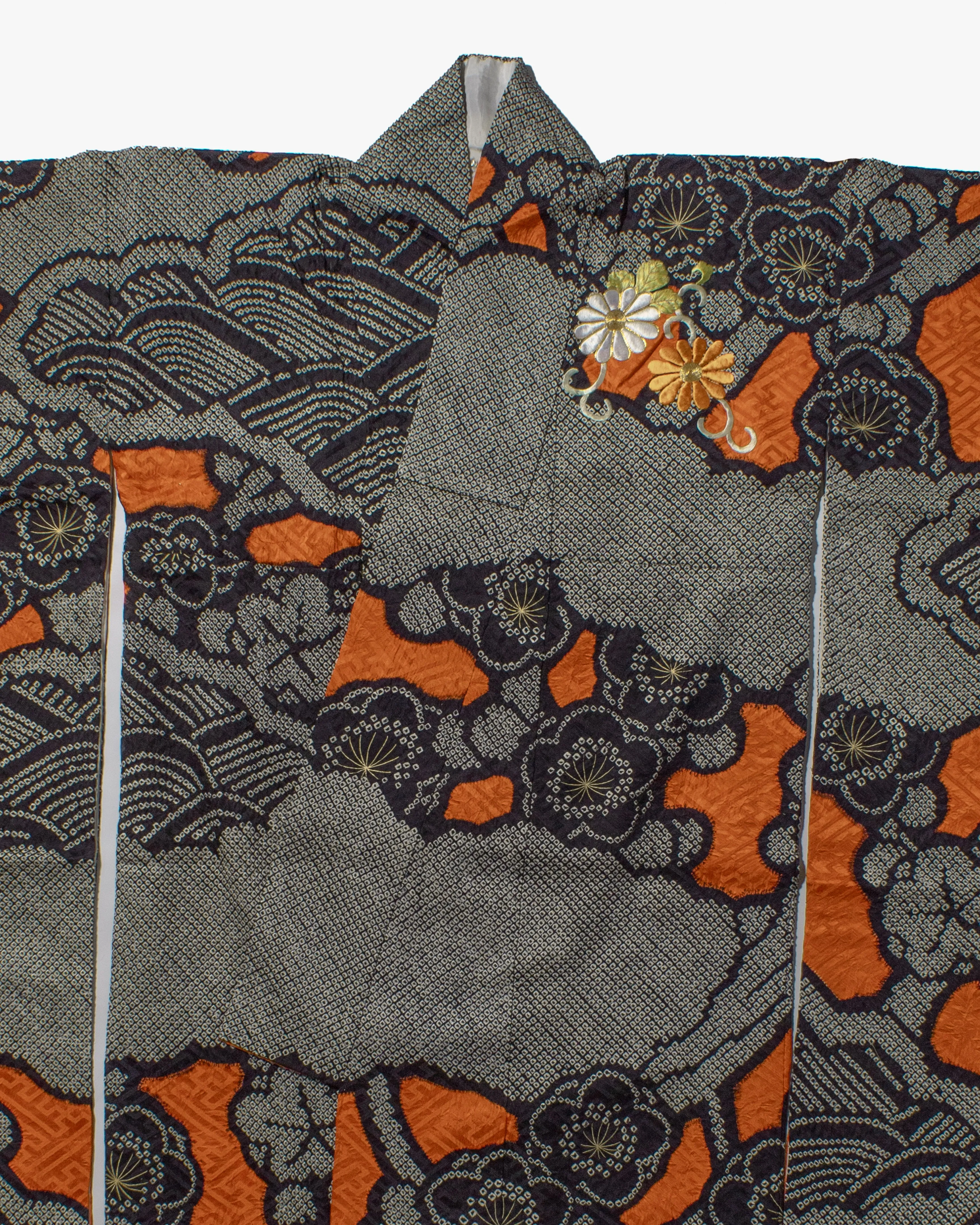 Vintage Furisode Jacket, Full Shibori, Black with White, Orange & White Flowers with Gold Embroidery