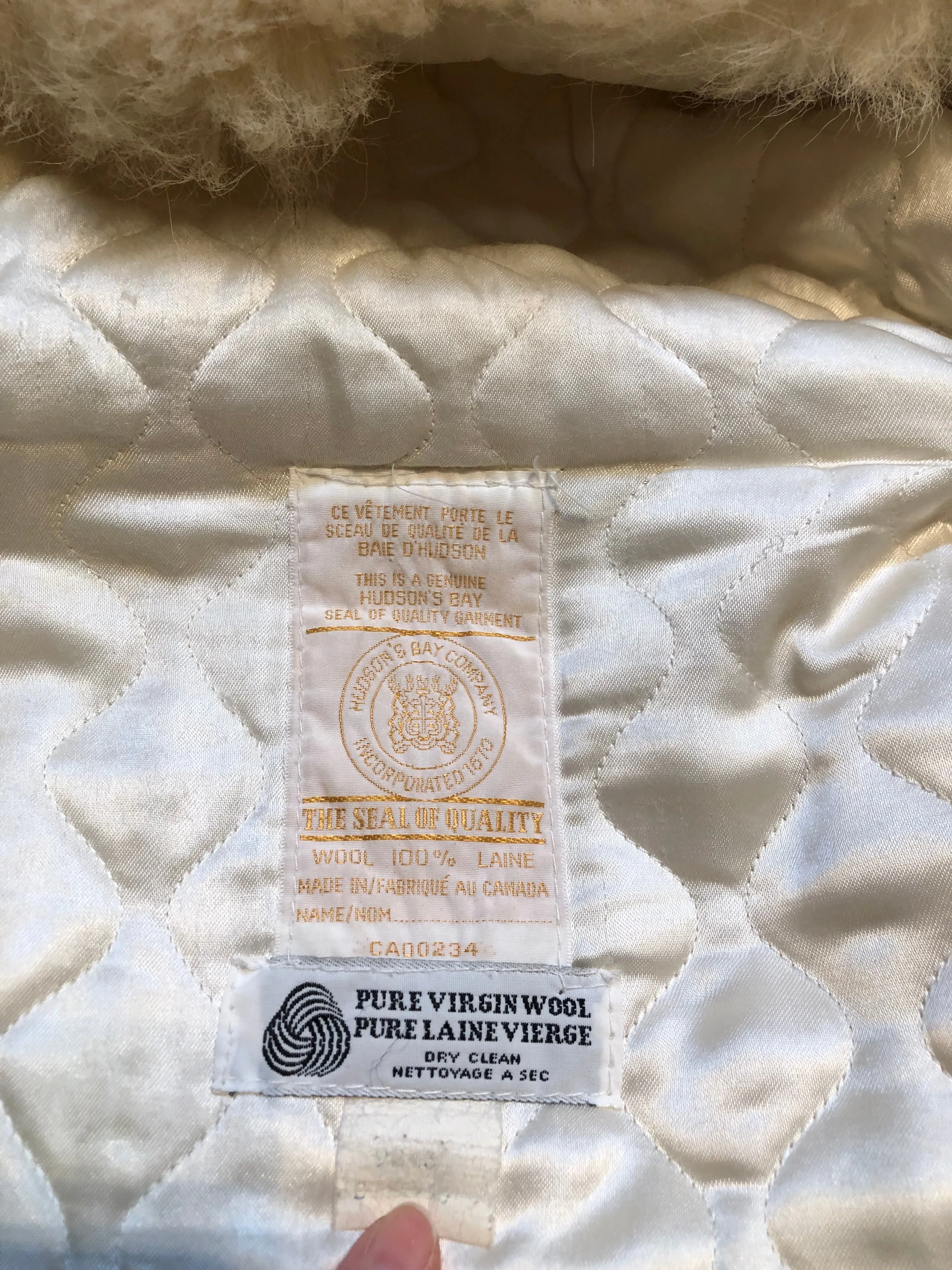 Vintage Hudson's Bay Company White Wool Parka, Made in Canada, Chest 38”