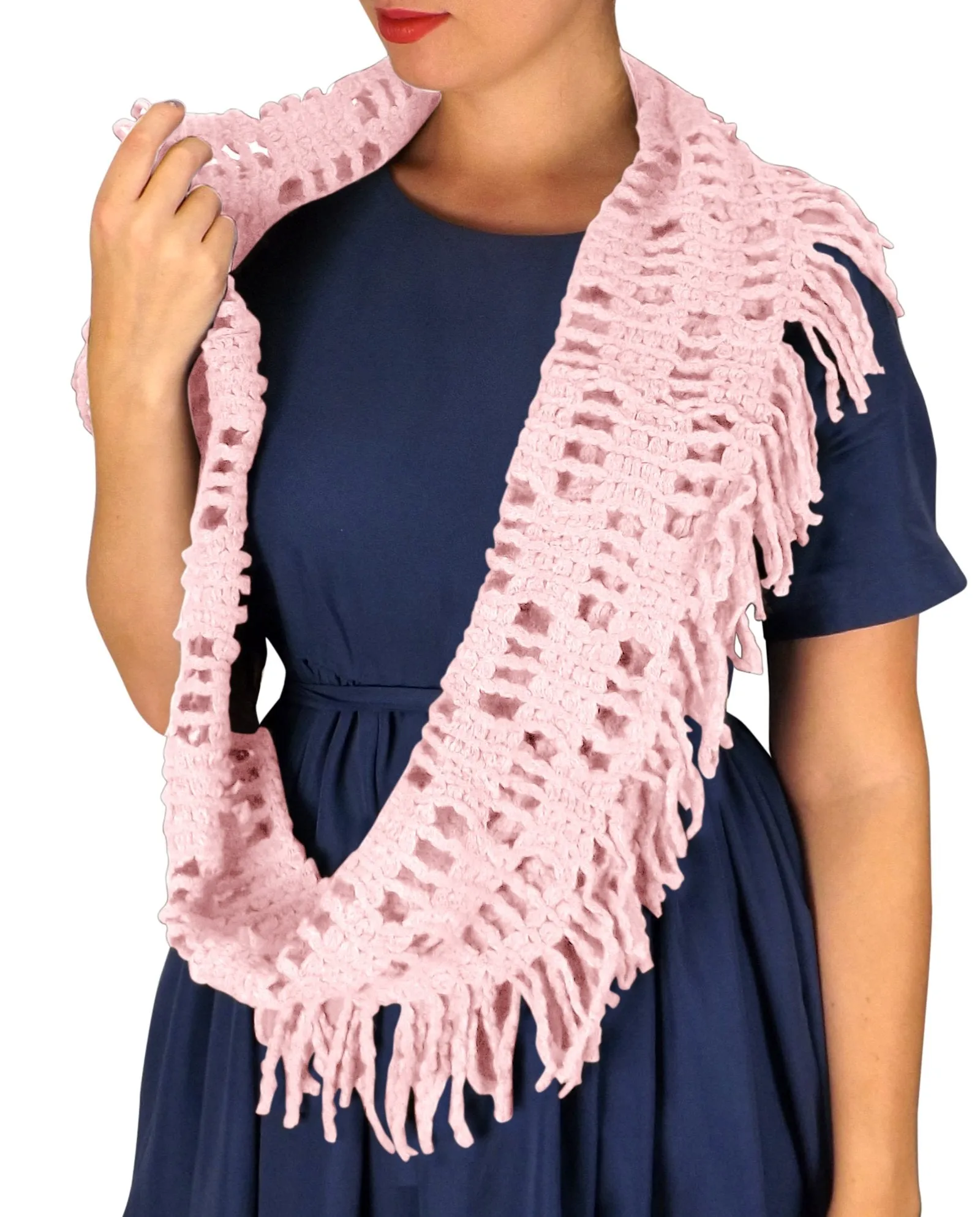 Winter Knitted Rectangular Pattern Long Fringe Warm Infinity Loop Scarf