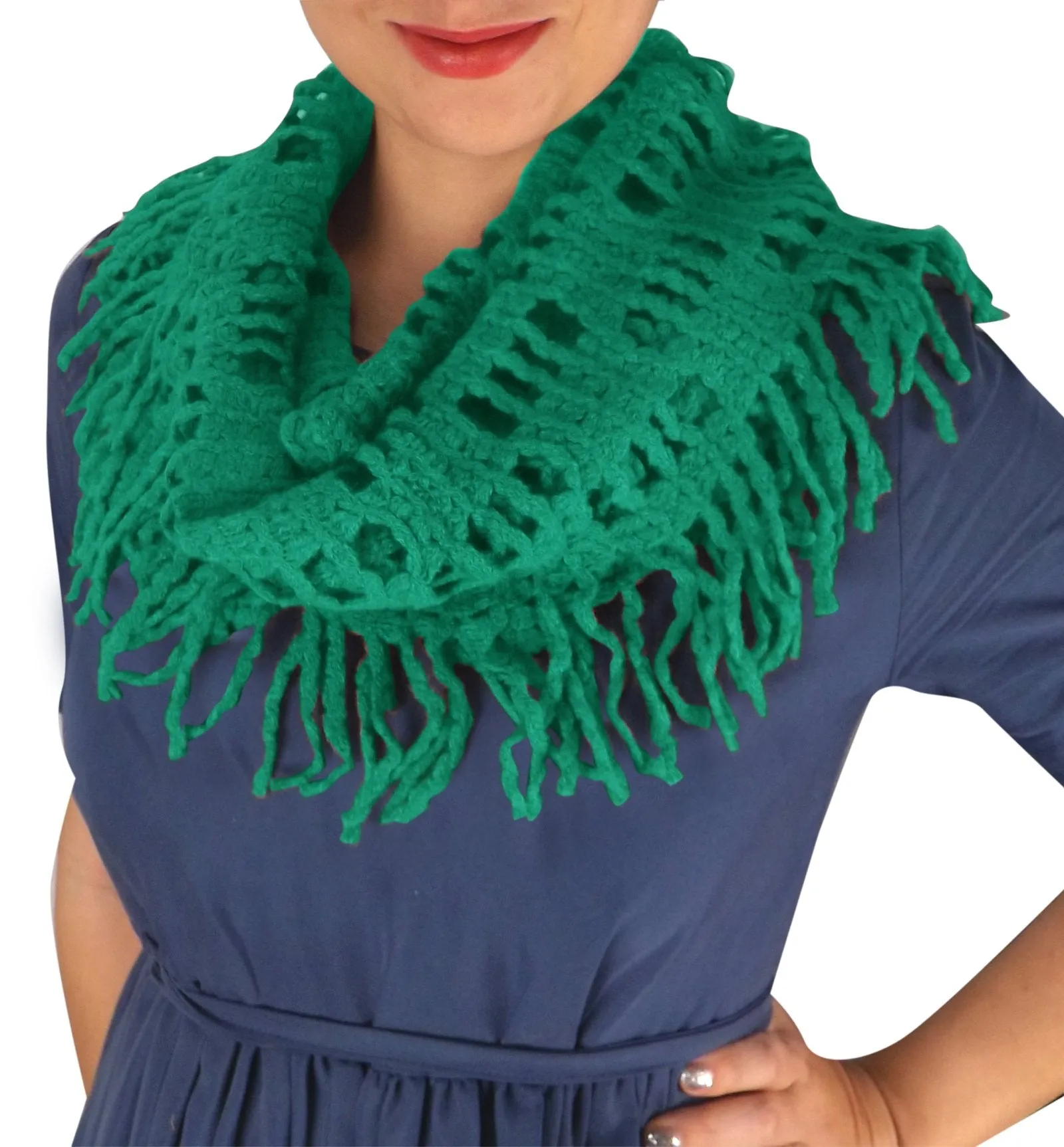 Winter Knitted Rectangular Pattern Long Fringe Warm Infinity Loop Scarf